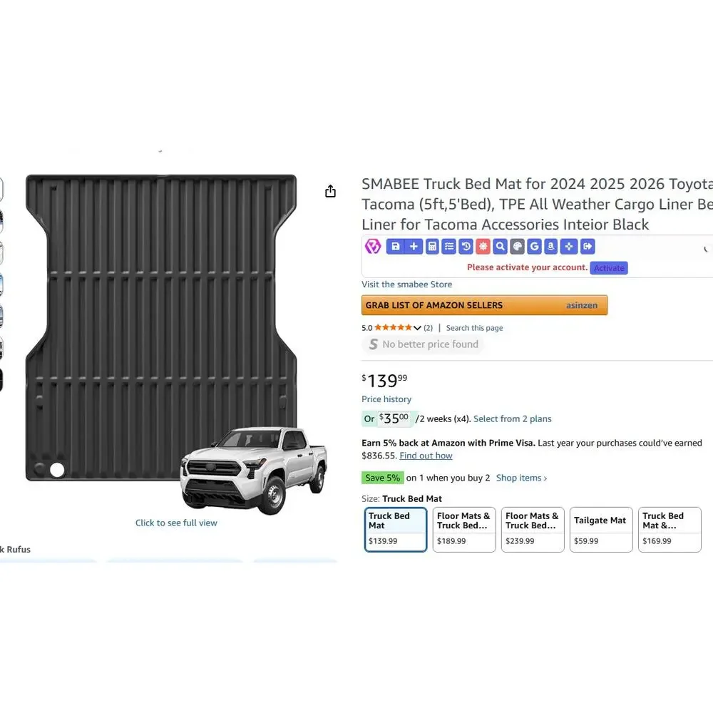 TPE All Weather Cargo Liner Bed Liner for Tacoma 2024 2025 2026 (5ft,5'Bed)